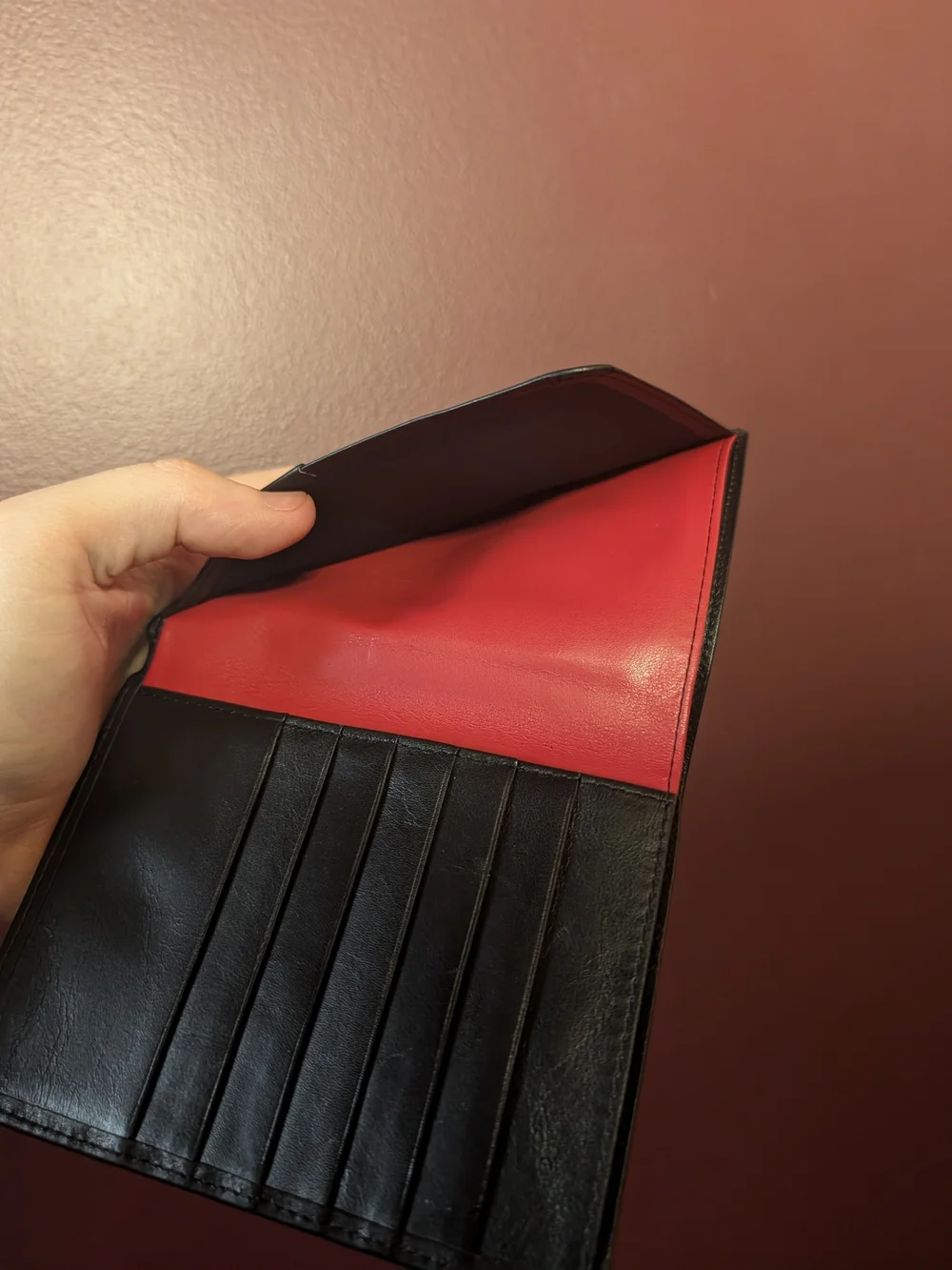 FERRARI Black Leather Passport Wallet with Embossed Shield Logo Red Inside